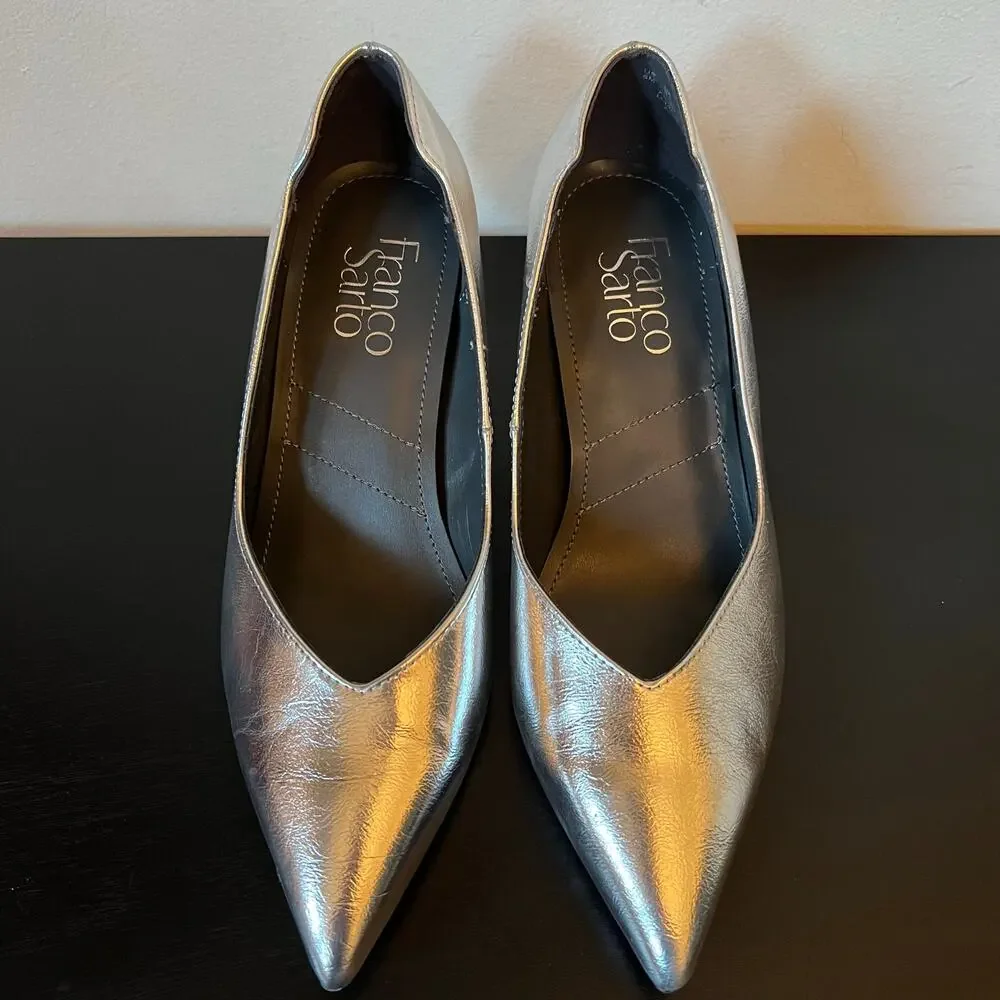 Franco Sarto Metallic Silver Pointed Toe Kitten Heel Women's Size 6M